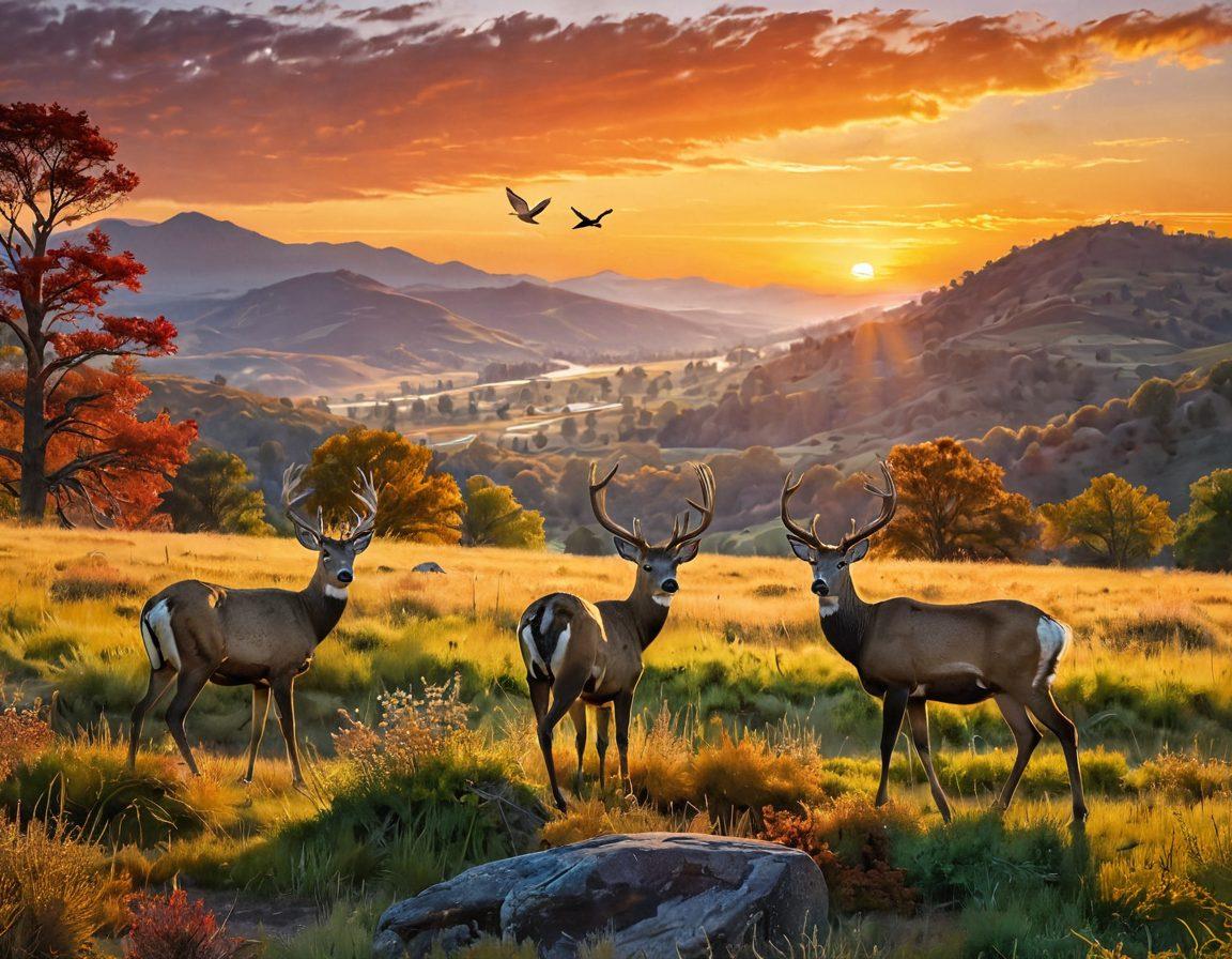 A breathtaking landscape featuring a diverse array of wildlife, including a majestic deer and colorful birds, set against a backdrop of rolling hills and a vibrant sunset. A photographer is seen capturing the moment with a camera, emphasizing the connection between nature and photography. The scene conveys tranquility and adventure, inviting viewers to explore the great outdoors. super-realistic. vibrant colors. natural lighting.