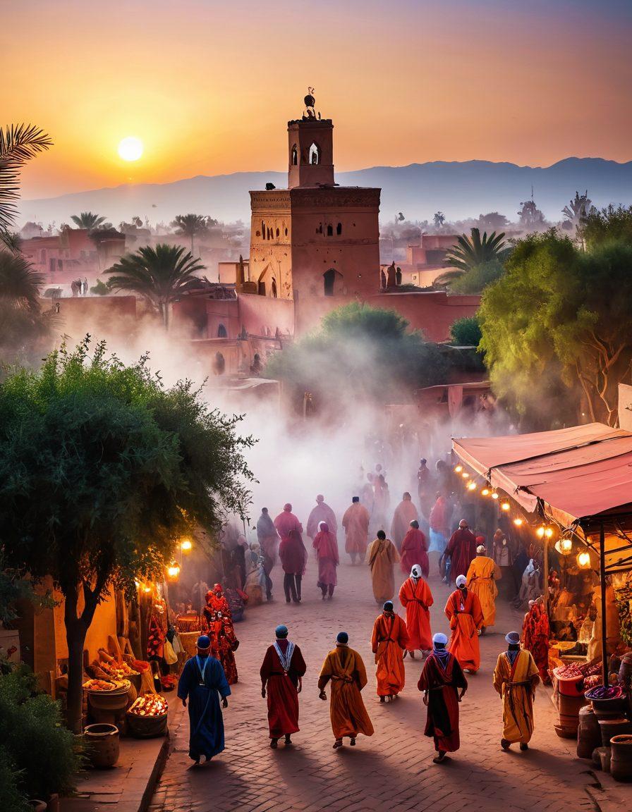 A breathtaking landscape featuring diverse cultural scenes from around the world: a bustling market in Marrakech, traditional dancers in colorful garments, ancient ruins enveloped by nature, and a serene temple surrounded by mist. Each element represents a unique culture intertwining with lush greenery and vibrant colors. The sky transitions from sunrise to sunset, symbolizing adventure and discovery. super-realistic. vibrant colors. 3D.