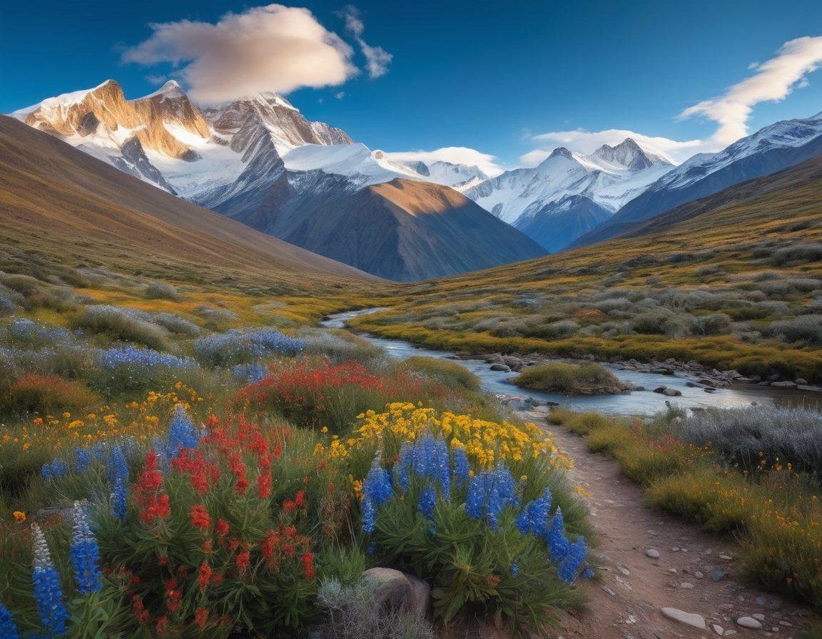 A breathtaking panoramic view of the Cajalo Andes with majestic snow-capped peaks under a clear blue sky, dotted with vibrant wildflowers in the foreground. Include a group of diverse adventurers exploring the rugged terrain, their expressions filled with joy and wonder. Incorporate a winding trail that leads into the mountains, showcasing the sense of journey and discovery. super-realistic. vibrant colors. natural landscape.